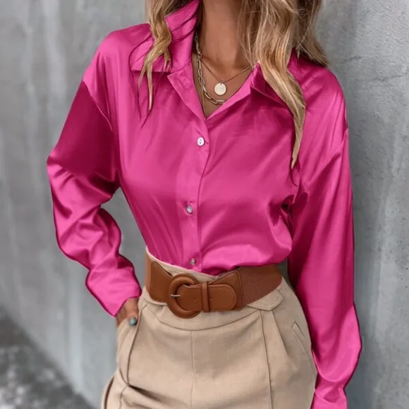 Black Classic button up Satin Boyfriend Work Top Minimalist - Picture 7 of 16